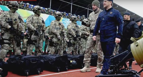 Ramzan Kadyrov in the sub-unit of the Chechen spetsnaz (special troops). Screenshot of a story shown on TV Channel "Russia-1"