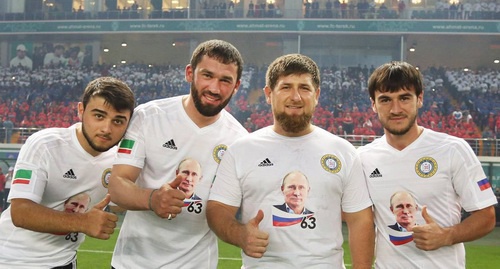 Magomed Daudov, Speaker of the Parliament of Chechnya (second to the left), the head of Chechnya Ramzan Kadyrov, and other members of the amateur football team called Leader-63. Photo: http://fc-terek.ru/118/#_611,6301