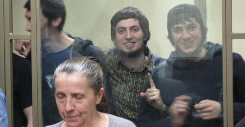 The defedants in the case of the so-called "Ordjonikidze Jamaat": Ilez Torchkhoev, Lechi Gadamauri, Timur Matiev. Photo by Konstantin Volgin for the "Caucasian Knot"