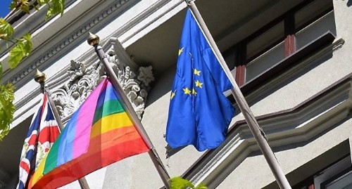 UK and EU flags along with rainbow flag. Photo: press service of the Embassy of Great Britain in Belarus. Facebook / UK in Belarus - British Embassy Minsk