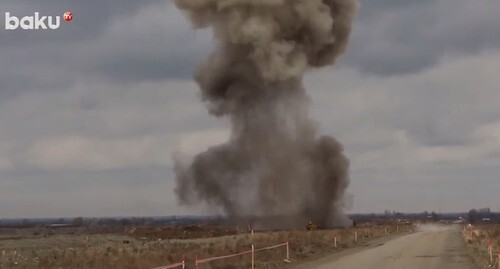 An explosion during reconstruction works in the village of Garvand in the Agdam District. Screenshot of the video by Baku TV https://www.youtube.com/watch?v=QTrxWTFoN9M&amp;t=12s