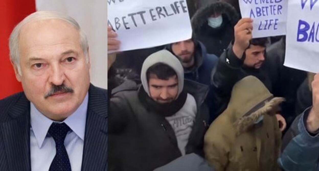 Alexander Lukashenko and  refugees. Photo: belta.by https://ru.wikipedia.org/ screenshot of the video  https://www.youtube.com/watch?v=JCZQLHMwWKg