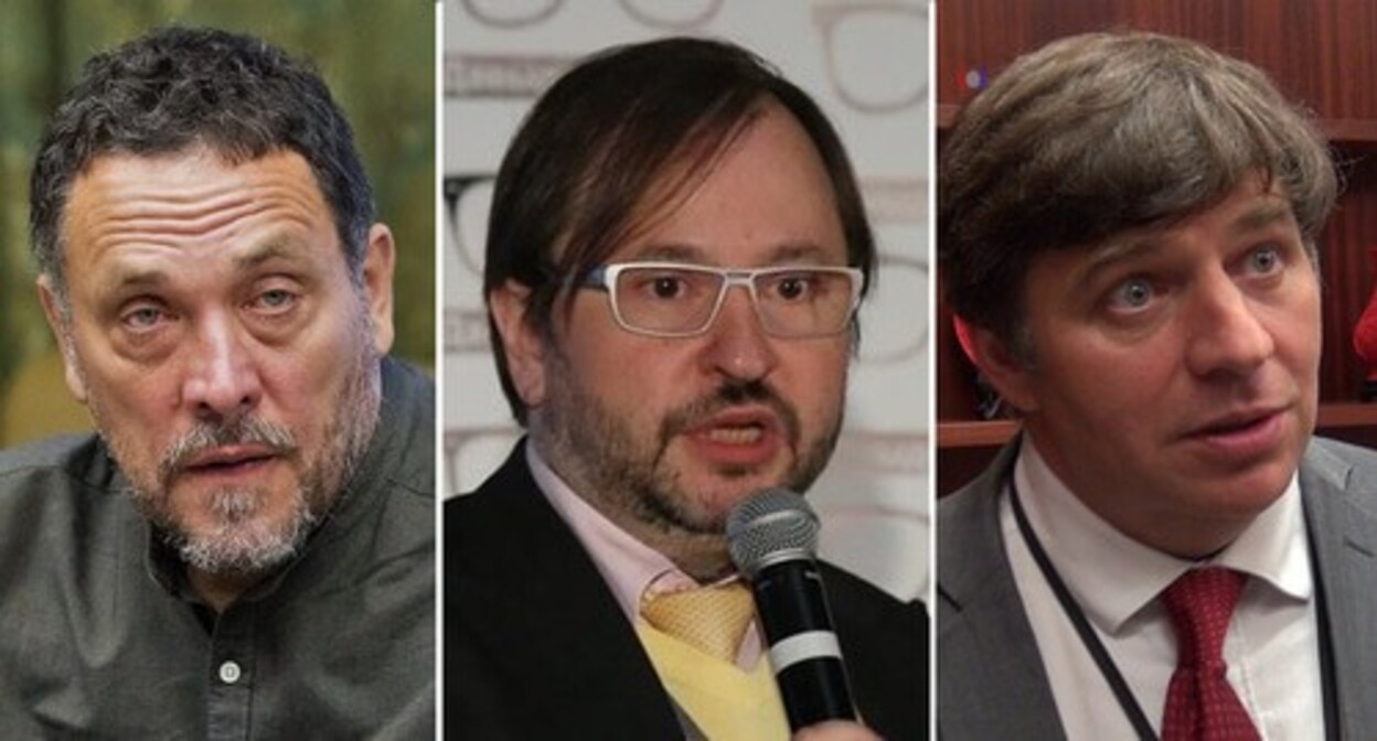 Maxim Shevchenko, Mikhail Vinogradov, Denis Sokolov. Photos: Council.gov.ru;  personal page of Mikhail Vinogradov on Facebook; screenshot of the video https://www.youtube.com/watch?v=K9gA0MQ6OD8