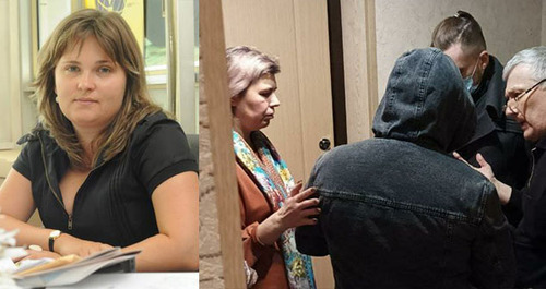 Journalist Yelena Milashina; law enforcers talk to the Yangulbaev family. Collage by the "Caucasian Knot". Photo: https://www.dw.com/ru, https://www.dw.com/ru/журналистка-елена-милашина-подала-заявление-на-кадырова/a-53236002