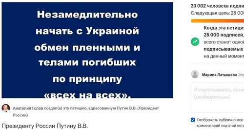 Screenshot of the petition to President Vladimir Putin https://www.change.org/p/%D0%BD%D0%B5%D0%B7%D0%B0%D0%BC%D0%B5%D0%B4%D0%BB%D0%B8%D1%82%D0%B5%D0%BB%D1%8C%D0%BD%D0%BE-%D0%BD%D0%B0%D1%87%D0%B0%D1%82%D1%8C-%D1%81-%D1%83%D0%BA%D1%80%D0%B0%D0%B8%D0%BD%D0%BE%D0%B9-%D0%BE%D0%B1%D0%BC%D0%B5%D0%BD-%D0%BF%D0%BB%D0%B5%D0%BD%D0%BD%D1%8B%D0%BC%D0%B8-%D0%B8-%D1%82%D0%B5%D0%BB%D0%B0%D0%BC%D0%B8-%D0%BF%D0%BE%D0%B3%D0%B8%D0%B1%D1%88%D0%B8%D1%85-%D0%BF%D0%BE-%D0%BF%D1%80%D0%B8%D0%BD%D1%86%D0%B8%D0%BF%D1%83-%D0%B2%D1%81%D0%B5%D1%85-%D0%BD%D0%B0-%D0%B2%D1%81%D0%B5%D1%85