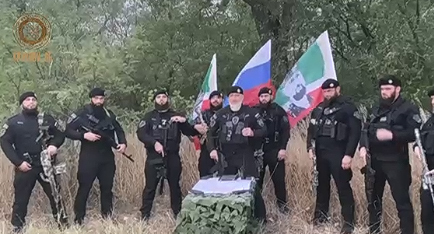 Adam Delimkhanov and Chechen fighters in Ukraine. Photo: https://t.me/RKadyrov_95/2813