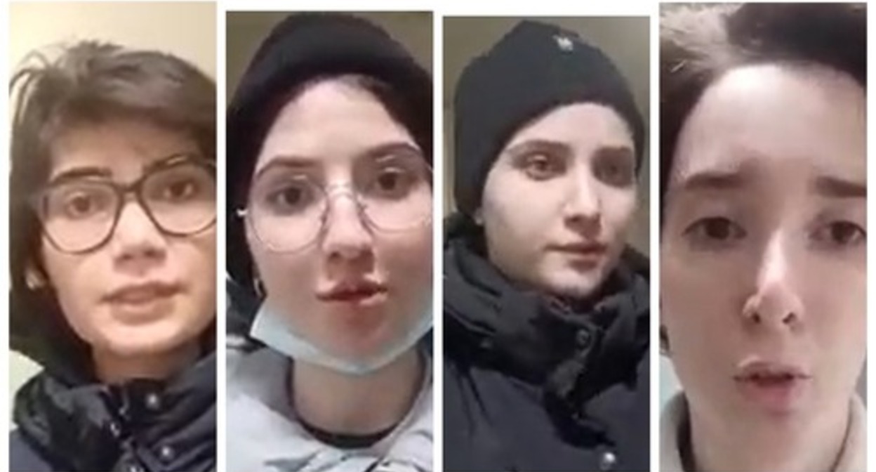 The girls from Dagestan, held by border guards at the "Verkhniy Lars" checkpoint. Screenshots of the video posted on Svetlana Anokhina's Facebook*, collage by the "Caucasian Knot" https://m.facebook.com/mk.ksana? 
Коллаж &quot;Кавказского узла&quot; из стоп-кадров видео, опубликованного в eav=Afa8GrKigGFGet6zeJTzNx7j6jgEpCAZtbrjbTp4HQwOU-nh-b2hvLK6wSyE-ce0SwA&amp;paipv=0