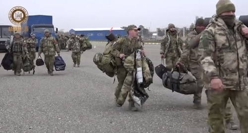 A group of volunteers before leaving for Ukraine. Screenshot of the video posted on Ramzan Kadyrov's Telegram channel https://t.me/RKadyrov_95/3151