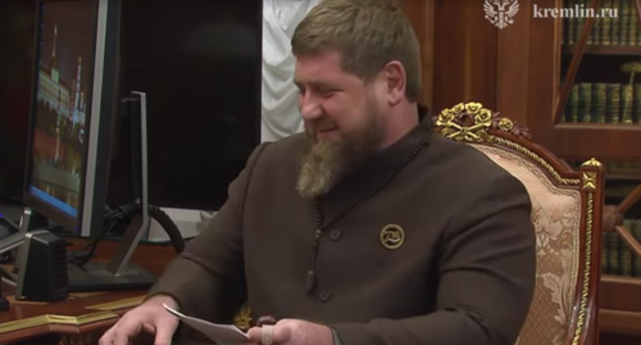 Ramzan Kadyrov at a meeting with President of Russia Vladimir Putin on March 13, 2023. Screenshot of the video posted on the AKIpress news YouTube channel https://www.youtube.com/watch?v=crvY6fuG92U