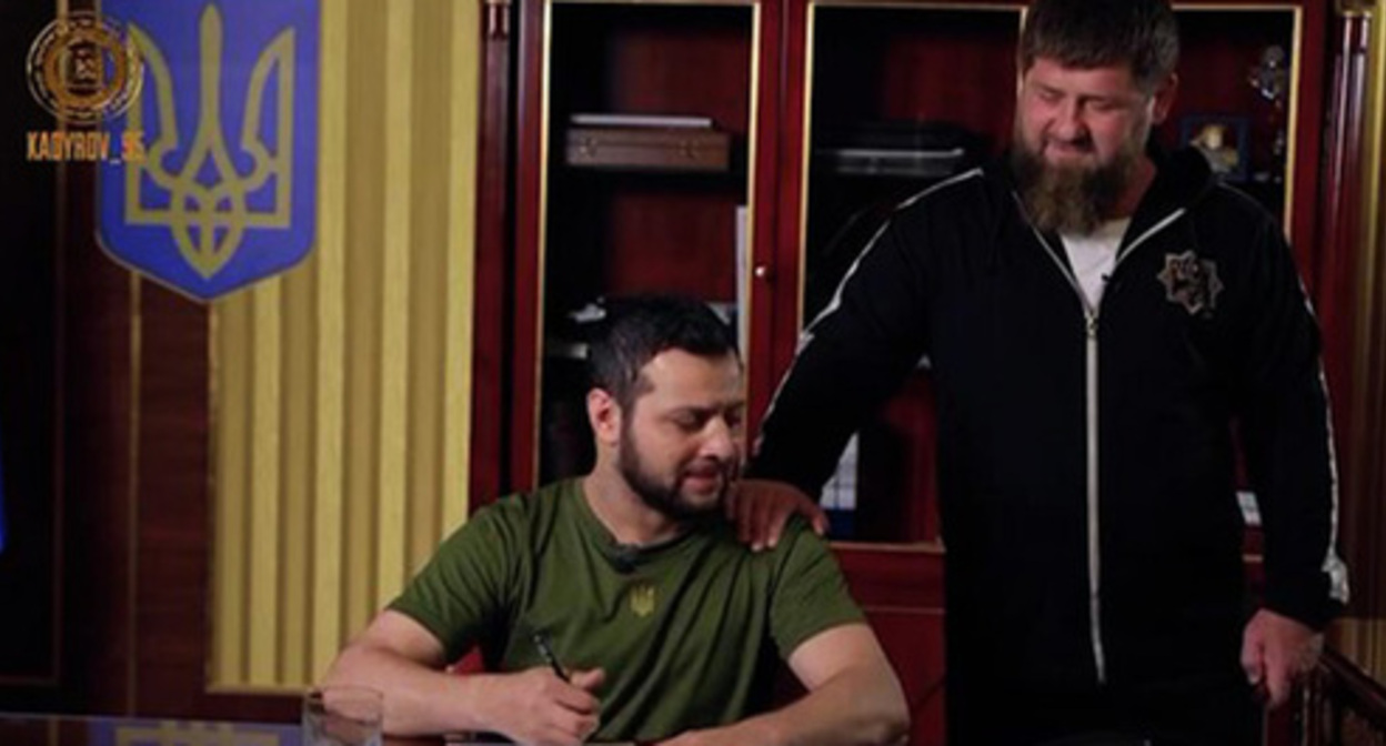 Max KomikadZe, a blogger (on the left), and Ramzan Kadyrov. Screenshot of a parody video clip about Ukrainian President Vladimir Zelensky, posted on the Telegram channel Kadyrov_95