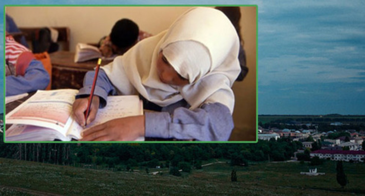 A schoolgirl wearing hijab, the village of Zalukokoazhe in the KBR's Zolsky District. Collage by the "Caucasian Knot." Photos: BR-chik. https://ru.wikipedia.org http://www.ansar.ru/rfsng/2012/10/20/34473