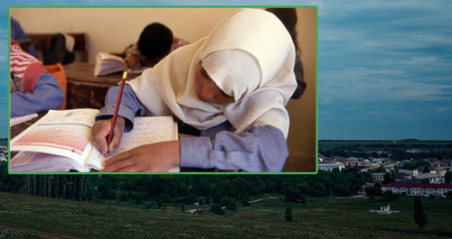 A schoolgirl wearing hijab, the village of Zalukokoazhe in the KBR's Zolsky District. Collage by the "Caucasian Knot." Photos: BR-chik. https://ru.wikipedia.org http://www.ansar.ru/rfsng/2012/10/20/34473