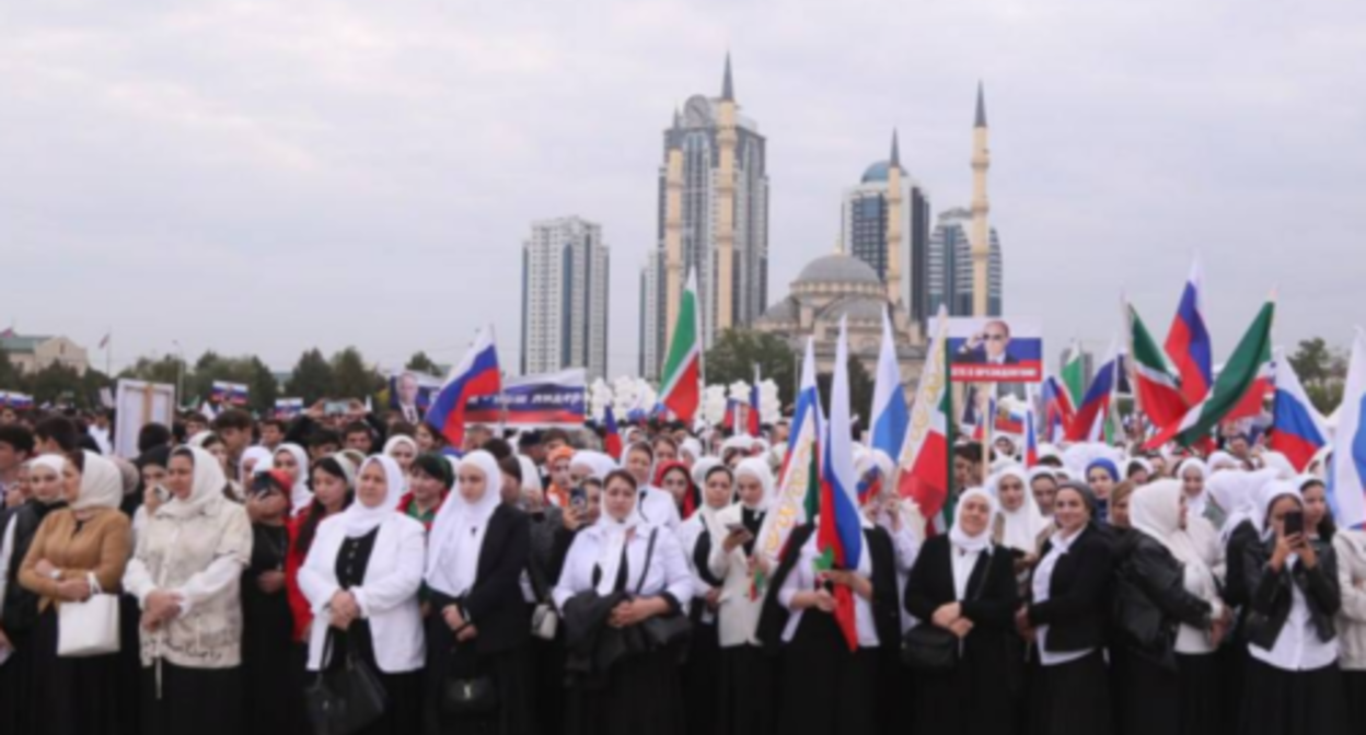 Participants of an action in Grozny. Screenshot of the photo posted on the Telegram channel of  the "Chechnya Today" outlet  on October 7, 2023 https://t.me/chechnyatoday/13442"