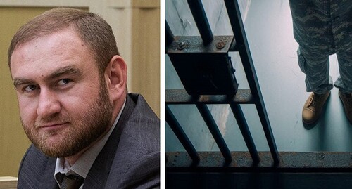 Rauf Arashukov and a prison cell. Collage by the "Caucasian Knot". Photo: Council.gov.ru https://ru.wikipedia.org/ Picture generated from Copilot