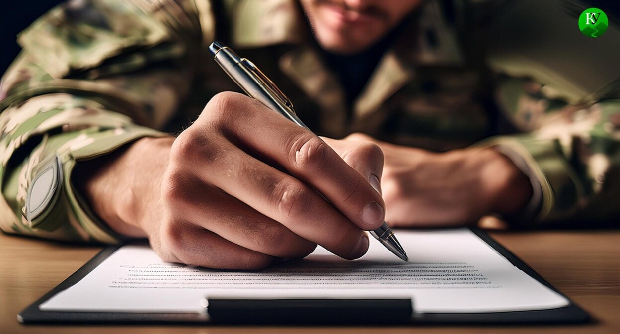 A soldier signs a contract. Picture made in Photoshop by the "Caucasian Knot"