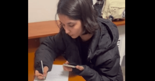 Zaira Pirova at the police station. Screenshot of a video posted by the SK SOS Crisis Group (included into the register of foreign agents) on January 7, 2025 https://t.me/sksosorg/1293