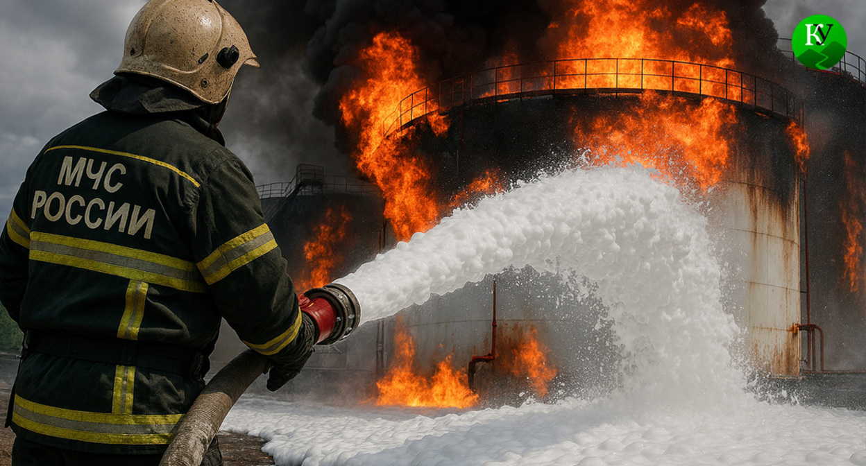 Fire at an oil storage tank. Illustration created by Caucasian Knot using AI in the Copilot program. Fire at an oil storage tank. Illustration created by Caucasian Knot using AI in the Copilot program.