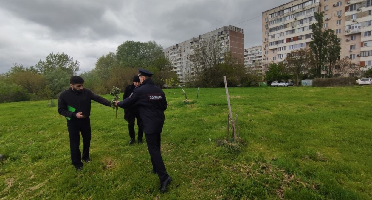 Police officers take a report of the destruction of green spaces in the Yubileiny microdistrict. Krasnodar, May 2, 2026. Photo from the "Krasnodar UMR" Telegram channel https://t.me/KrasnodarUMR/25034 Police officers take a report of the destruction of green spaces in the Yubileiny microdistrict. Krasnodar, May 2, 2026. Photo from the "Krasnodar UMR" Telegram channel https://t.me/KrasnodarUMR/25034