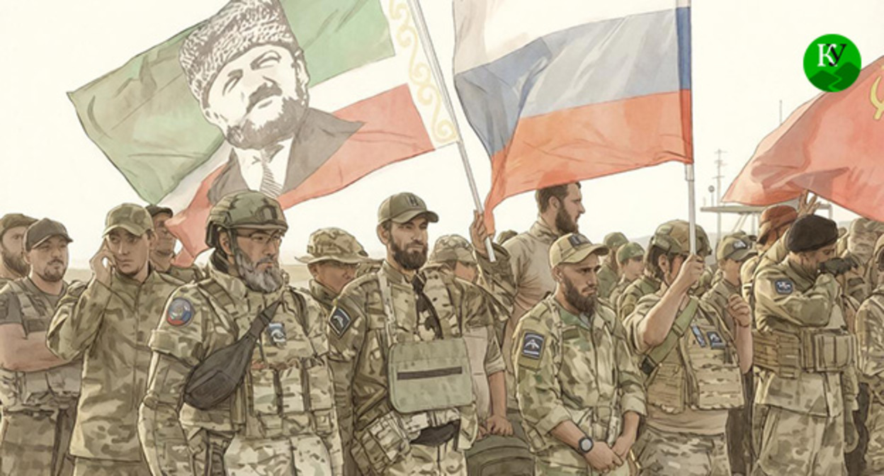 Volunteers from Chechnya before being sent to Ukraine. Illustration created by the "Caucasian Knot" using AI in the Copilot program. Volunteers from Chechnya before being sent to Ukraine. Illustration created by the "Caucasian Knot" using AI in the Copilot program.