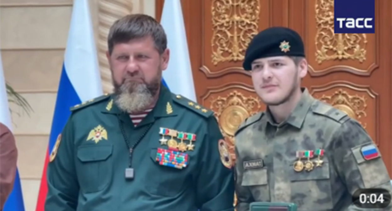 Ramzan Kadyrov (left) and Adam Kadyrov during an awards ceremony. June 12, 2026. Screenshot from video https://t.me/kavkaz_tass/40800 Ramzan Kadyrov (left) and Adam Kadyrov during an awards ceremony. June 12, 2026. Screenshot from video https://t.me/kavkaz_tass/40800