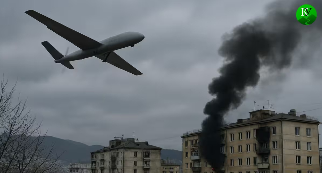 A UAV in the sky. Illustration created by the "Caucasian Knot" using AI in the Copilot program. A UAV in the sky. Illustration created by the "Caucasian Knot" using AI in the Copilot program.